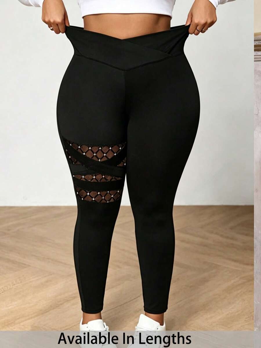 SHEIN PETITE CURVE 大码女式纯色基础款打底裤,撞色网纱透视打底裤,休闲、运动、春季、嘉年华穿着,黑色打底裤 - 黑色 - 查看 1