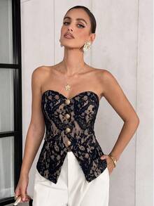 Lavishia Women's Solid Color Front Button Lace Crop Top With Side Slit Hem,Summer Top - Black - View 3