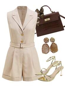 Ellevyn Notched Collar Cinched Waist Sleeveless Jumpsuit, Suitable For Commuting And Outings - Apricot - View 8