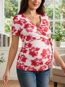 SHEIN 印花扭结侧边孕妇哺乳上衣 - 紅色 - 查看 3