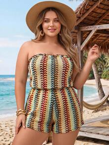 SHEIN CURVE+ 大尺碼女款拼色休閒日常遮陽抹胸連身褲 - 彩色 - 查看 3