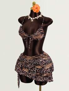 Zestiva Traje de baño de 3 piezas con estampado de leopardo 2026, conjunto de bikini sexy para mujer, vestido de playa - Multicolor - Ver 6