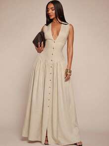 SHEIN Tall CURVE Đầm mùa hè cỡ lớn, kiểu dáng tối giản, cổ chữ V sâu, cài cúc phía trước, không tay. - Màu be - Xem 5