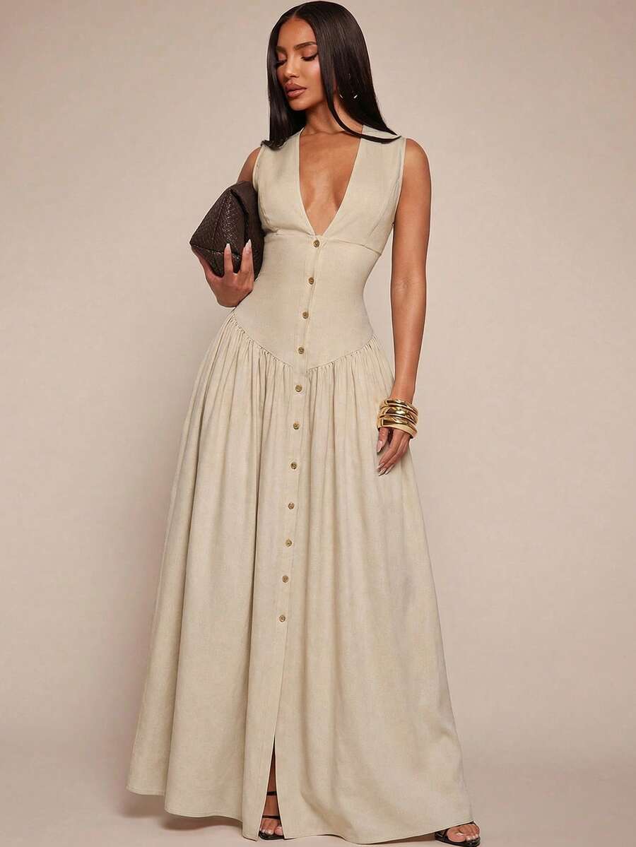 SHEIN Tall CURVE Đầm mùa hè cỡ lớn, kiểu dáng tối giản, cổ chữ V sâu, cài cúc phía trước, không tay.