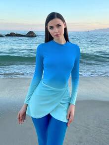 Swim Shayni 女款漸層長袖連身褲與長褲配迷你裙布基尼3件式泳裝套裝，適合夏季度假與海灘 - 藍色 - 查看 4
