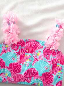 SHEIN 女童针织贝壳图案3D立体花卉可爱吊带背心和泳裤两件套 - 彩色 - 查看 8