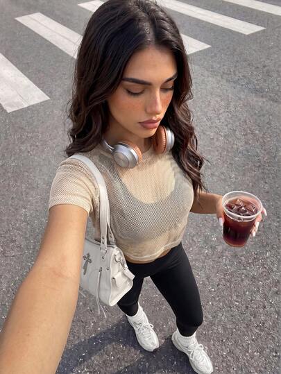Muchica Women's Casual Mesh Round Neck Short Sleeve T-Shirt, Versatile For Daily Wear And Sports Sheer Workout Top Hollow Out Crop Sports Shirt