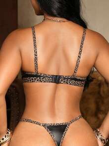 Bare Chapter 2pcs/Set Women's PU Lingerie Set, Metal Chain Sexy Bra And Panty - Black - View 2