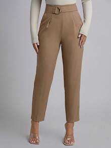 PETITE Pantalones negros casuales de cintura alta con detalles plisados y cinturón - Marrón Mocha - Ver 4