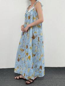 DAZY 度假風抽象塗鴉印花蕾絲飾邊細肩帶長款女式睡裙 夏季睡衣 - 藍色 - 查看 4