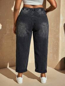 Slaydiva Plus Size Women High Waist Pocketed Tapered Casual Jeans - Black - View 5