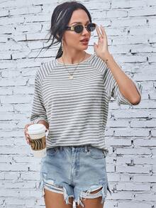 EMERY ROSE Raglan Sleeve Striped Print Tee Graphic Tees Women Tops - Grey - View 7