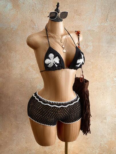 BamGleam Bộ đồ hai mảnh cho nữ: Áo len và quần dệt kim, bikini đen trắng không tay, cổ bèo nhún họa tiết hoa, thiết kế đan móc, bikini đen khoét lỗ, bikini kiểu nghỉ dưỡng, áo tắm khoe vòng một, áo tắm đi biển, bikini thiết kế khoét lỗ, bộ bikini đen, bikini ôm dáng, áo tắm đi biển, bộ đồ dự tiệc bể bơi, trang phục nghỉ dưỡng, trang phục lễ hội âm nhạc, trang phục kiểu nghỉ dưỡng, quần áo nữ.