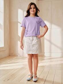Anewsta Purple Girls' 3D Floral Decor Round Neck Short Sleeve Knit T-Shirt - Purple - View 6