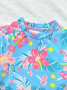 SHEIN Bộ đồ bơi tay ngắn in họa tiết thực vật cho bé gái, kiểu dáng ôm vừa vặn, phong cách thường ngày, phù hợp để bơi và đi nghỉ dưỡng - Nhiều màu - Xem 4