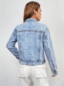 SHEIN EZwear 女士纯色前扣口袋休闲长袖牛仔外套 - 淺色水洗藍 - 查看 2