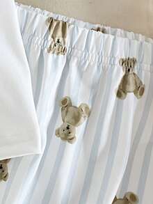 SHEIN 2-Pack Newborn Baby Boy Cartoon Bear Print White Summer Casual Family Matching Short Sleeve Open Shoulder Button Top & Striped Footed Pants Pajamas - White - View 6