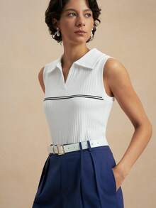 Nima Coro Women's Summer Elegant Preppy Classy Black And White Ribbed V-Neck Ribbed Texture Knit Contrast Trim Tank Top Sleeveless Casual Golf Tennis Commuter - White - View 4