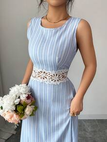 Elenzga Đầm nữ mùa hè mới, kiểu dáng thanh lịch, chất liệu cotton, phối ren tương phản, họa tiết sọc xanh dương, không tay, eo thon. - Màu xanh lam - Xem 6