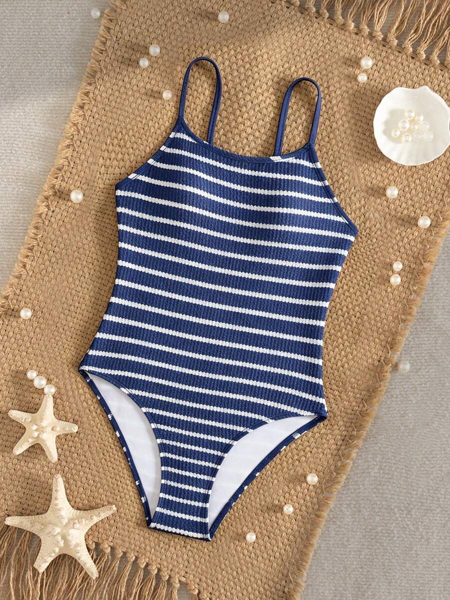 SHEIN Tween Girl Colorblock Striped Print Casual One-Piece Swimsuit - Navy Blue - View 1