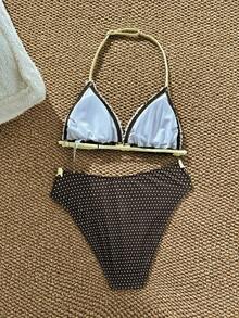 SHEIN Bộ bikini buộc dây cổ, họa tiết chấm bi, viền bèo nhún, thích hợp cho kỳ nghỉ hè trên bãi biển dành cho thiếu nữ. - Nhiều màu - Xem 2