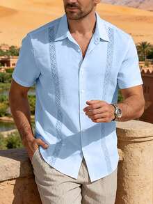 Palmeraft Men's Summer Solid Colour Lace Patchwork Single-Breasted Casual Shirt, Holiday - Baby Blue - View 5