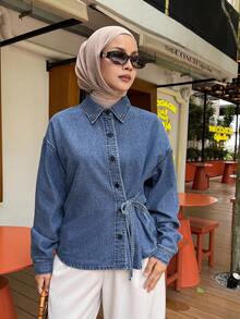 Joudiya Chaqueta y abrigo de mezclilla con cintura ajustada, suelto y casual, adecuado para primavera y verano - Azul - Ver 7