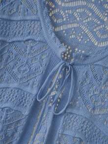 GlowEve CURVE Plus Size Elegant Hollow Out 3/4 Sleeve Round Neck Tie Bow Cardigan - Blue - View 4