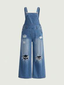 SHEIN MOD Plus Size Denim Overalls Spring Casual Overalls Ripped Straight Pants Casual Spring Overalls Y2K Outfit - Light Wash - View 6