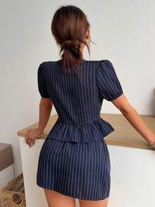 K-Vae Bộ đồ nữ gợi cảm mùa hè: Áo peplum kẻ sọc hở ngực và chân váy ngắn, thích hợp cho kỳ nghỉ hè. - Màu xanh hải quân - Xem 2