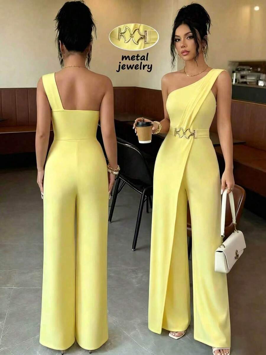 Elenzga Mono de unicolor para uso casual y diario de mujer - Amarillo - Ver 1