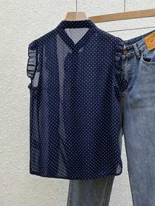 Franclia Women's Black Polka Dot Chiffon Blouse, Elegant Romantic Ruffle Hem - Navy Blue - View 2