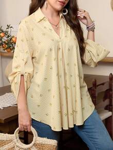 Lacomfia Plus Size Women Bow Tie Striped Print Casual Versatile Blouse - Yellow - View 6