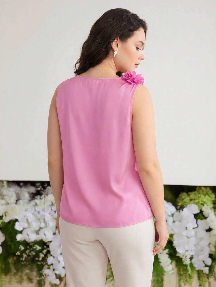 PLUS SIZE WOMEN BOAT NECK ASYMMETRIC FAUX 3D FLORAL DECOR RUFFLE TRIM SLEEVELESS ELEGANT BLOUSE