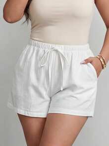 SHEIN Tall CURVE Quần short cạp cao màu trơn, kiểu thắt nút phía trước, cỡ lớn, thích hợp mặc mùa hè. - trắng - Xem 1