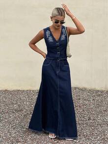 Livesso Bộ đồ 2 món dành cho nữ: Áo vest in hoa và chân váy denim dài chấm đất. - Màu xanh lam - Xem 5