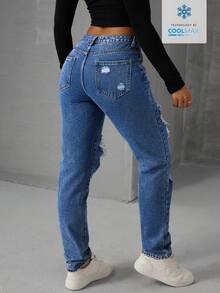 SHEIN EZwear 女士休闲日常穿着做旧口袋纽扣设计牛仔裤 - 中等水洗藍 - 查看 2