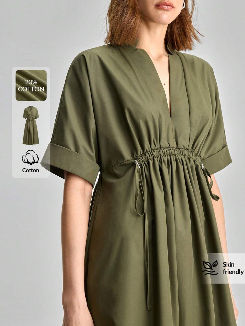 Women's Casual Olive Green Drawstring Waist Dress,Summer Everyday Travel Picnic V-Neck Sophisticated Office Attire Modern Boho Vacation Outfits