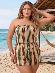 SHEIN CURVE+ 大尺碼女款拼色休閒日常遮陽抹胸連身褲 - 彩色 - 查看 4