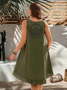 EMERY ROSE Plus Size Women's Summer Army Green Boho Dress,Sleeveless Ruffle Hem Back Lace Patchwork Flowy Vacation Holiday Outfits With Pockets,Casual - Army Green - View 4