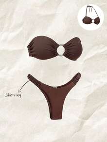 Elavelle Women's Solid Color Strapless Circular Decor Bikini Set, Spring/Summer - Brown - View 3