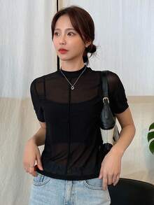DAZY Solid Mock Neck Sheer Mesh Top Without Cami Top Going Out Tops Festival - Black - View 6