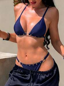 Swim Vcay 女士性感纯色铆钉装饰比基尼套装，沙滩度假风 - 藍色 - View 4