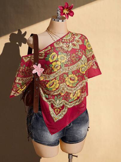 SHEIN ICON Plus Size Women Floral Print Asymmetric Collar Blouse