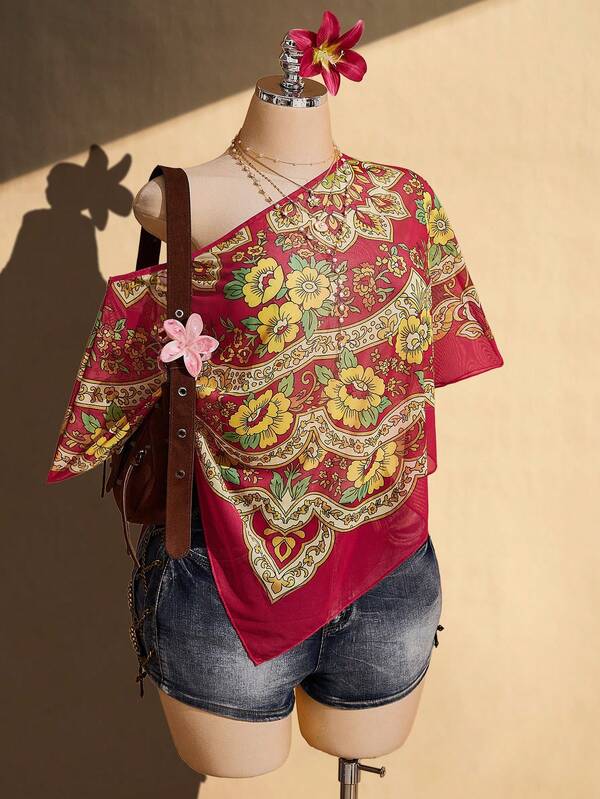 SHEIN ICON Plus Size Women Floral Print Asymmetric Collar Blouse