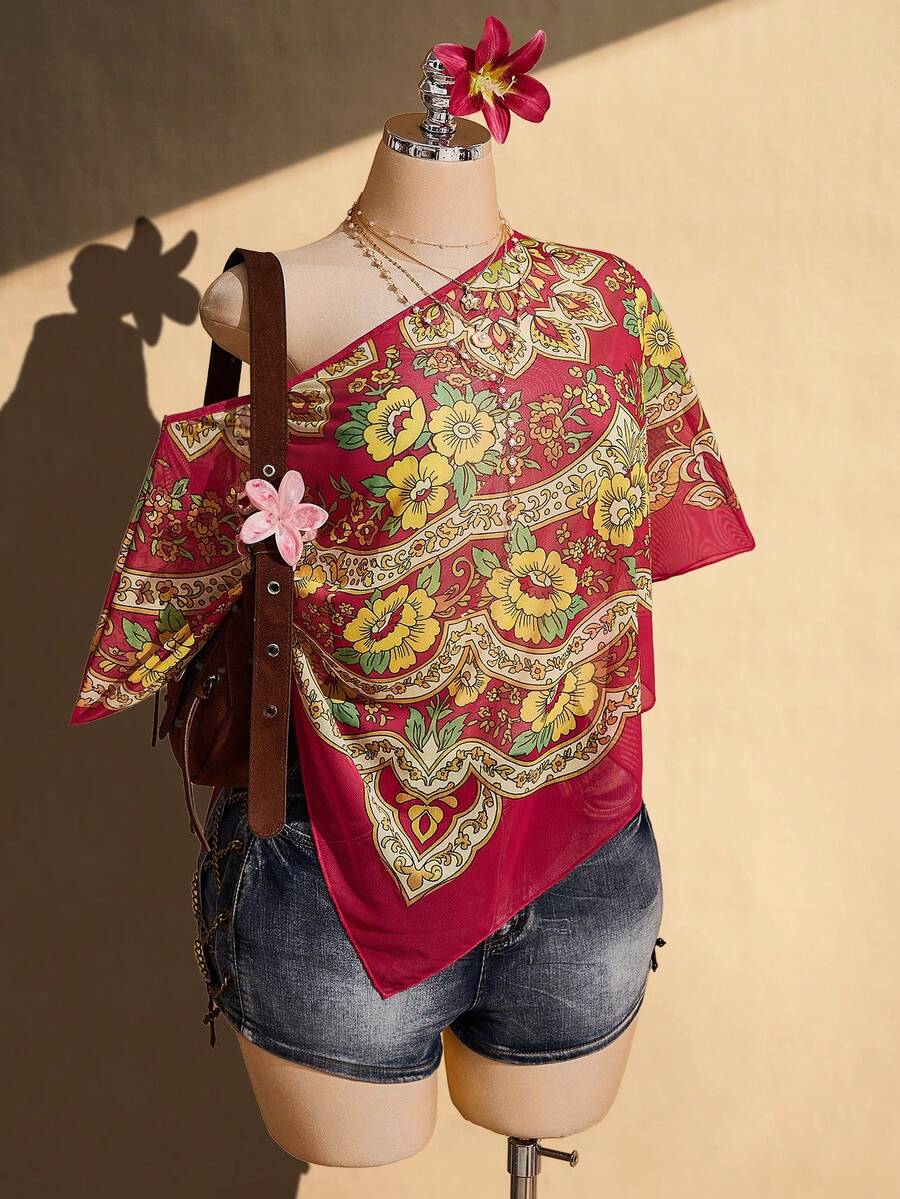 SHEIN ICON 大尺碼女款花卉印花不對稱領上衣 - 玫紅色 - 查看 1