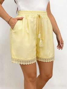 Breezaya Plus Size Women Drawstring Waist Pockets Casual Versatile Daily Wear Shorts Vacation Light Yellow Summer  Country Summer Beach Dress Festival Party - Yellow - View 7
