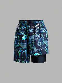 SHEIN Celana Pendek Pantai Longgar, Serbaguna, Nyaman, Kasual untuk Remaja Laki-laki, Motif Video Game Bercahaya dalam Gelap, Patchwork, Lapisan Dalam Ketat - MultiWarna - View 3
