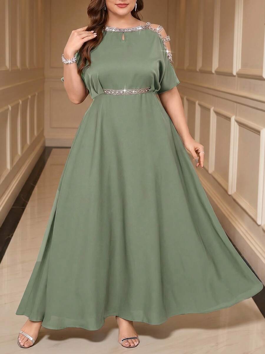 SHEIN Clasi Plus Size Elegant Splice Ribbon Open Shoulder Waist Tie Dress, Summer - Mint Green - View 1