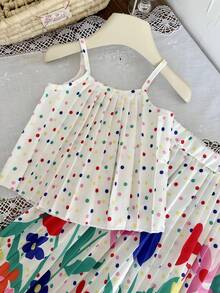 SHEIN 女婴两件套，0-3岁，休闲可爱风春夏外出服，波点印花无袖简约百褶上衣搭配花朵印花长款百褶裙 - 彩色 - 查看 6